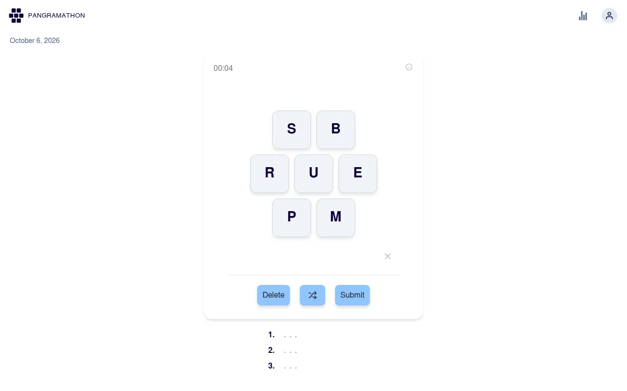 Pangramathon for October 6, 2026: seven letter tiles S, B, R, U, E, P and M in a honeycomb pattern, a running clock, Delete, Shuffle and Submit buttons and three blank pangram lines