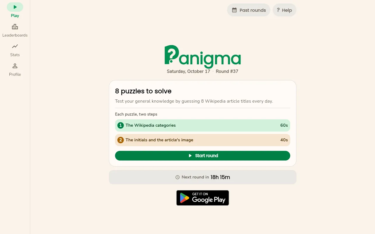 The Panigma home screen for round 37: eight puzzles to solve, the two steps of each puzzle and the Start round button