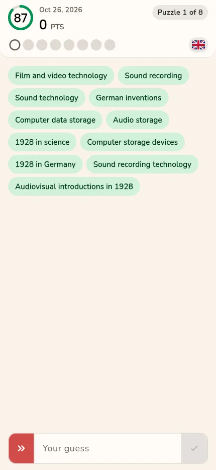 Panigma at phone size on 26 October 2026: the first puzzle's Wikipedia categories, the countdown at the top and the answer box at the bottom