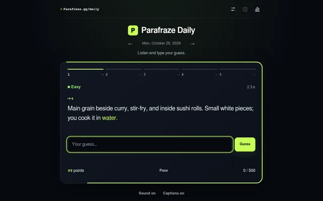 Parafraze Daily for Mon, October 26, 2026: an Easy first card with a captioned clue about a grain served with curry and sushi, a guess box, 99 points and 0 / 500