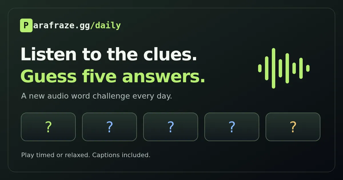 Parafraze Daily share card: listen to the clues, guess five answers, with five blank answer tiles
