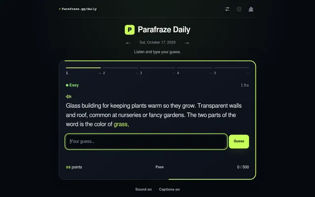 A Parafraze Daily card marked Easy, with a captioned clue about a glass building for plants, a guess box and the score out of 500