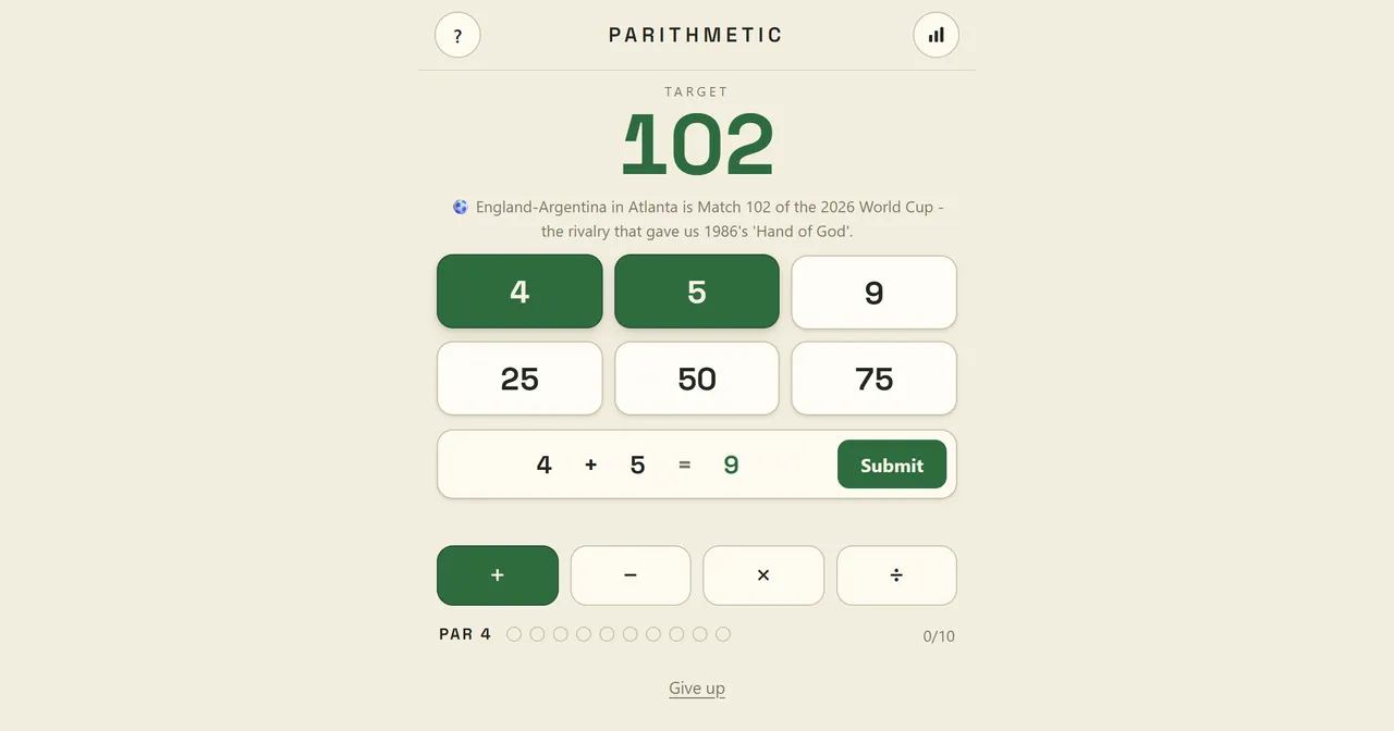 Parithmetic, a daily numbers puzzle