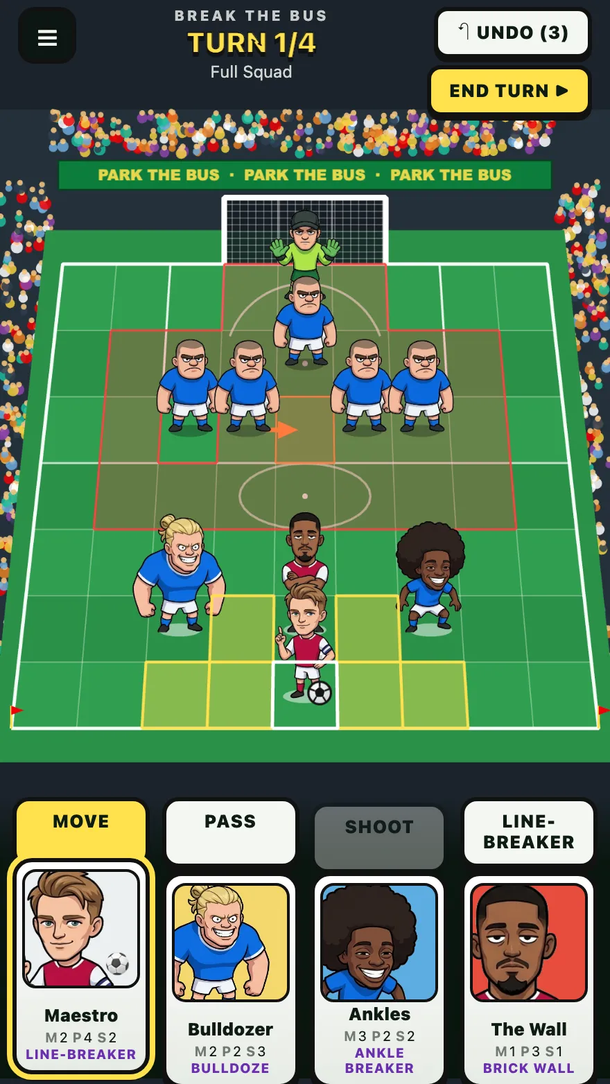 Park the Bus, Break the Bus turn 1 of 4: a cartoon football pitch with a keeper and a wall of five defenders in red-outlined zones, the Maestro on the ball, and Move, Pass, Shoot and Line-Breaker butt