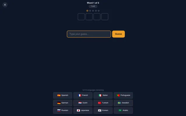 Parley, word 1 of 5: four empty letter boxes under the label TIME, a guess box, and twelve language buttons from Spanish and French to Japanese, Korean and Arabic, with 12 of 12 languages remaining