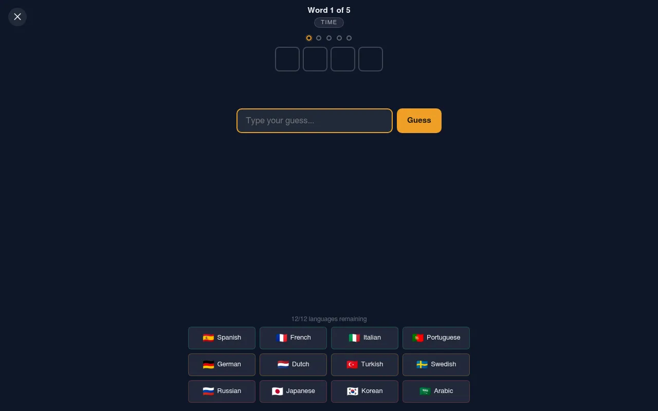Parley, word 1 of 5: four empty letter boxes under the label TIME, a guess box, and twelve language buttons from Spanish and French to Japanese, Korean and Arabic, with 12 of 12 languages remaining