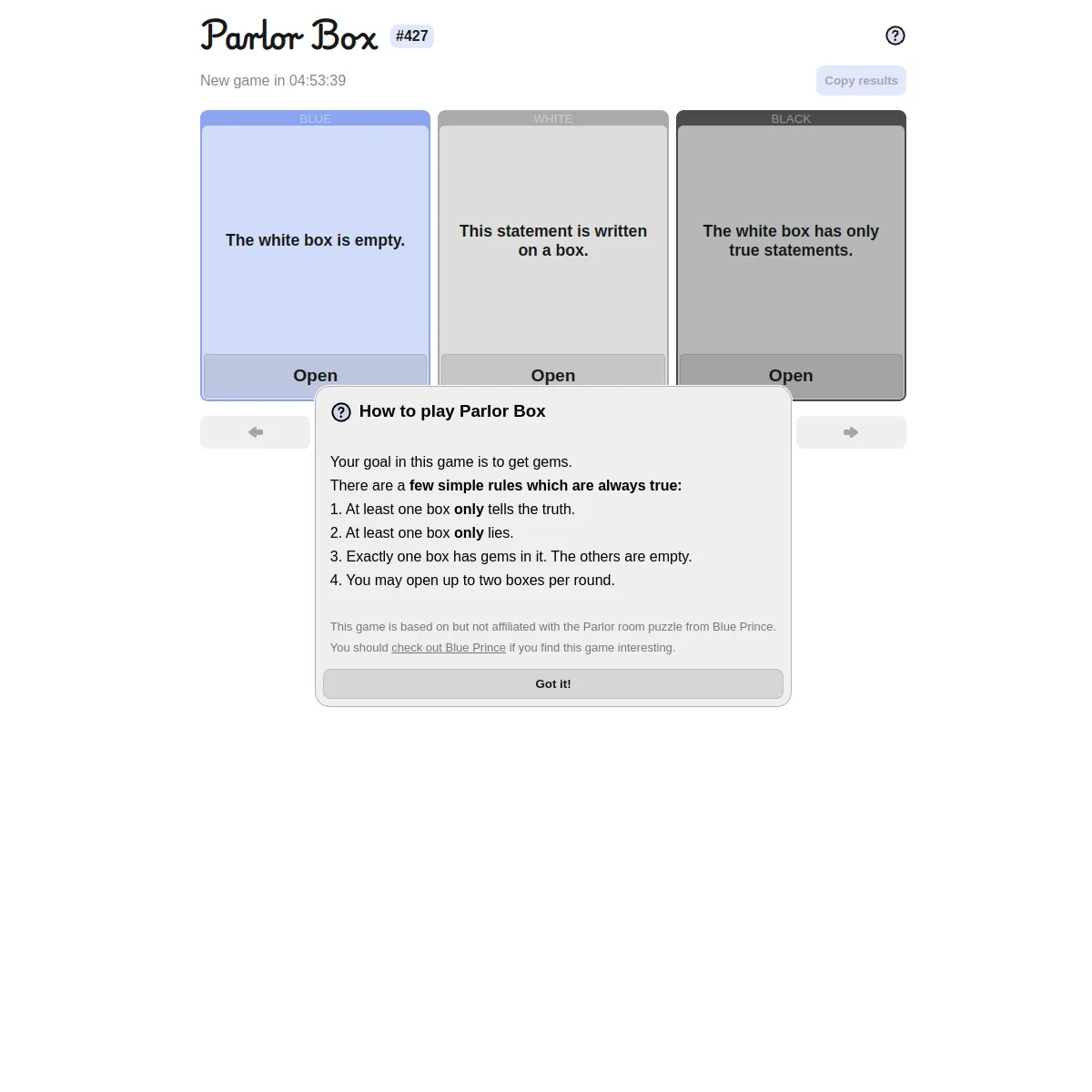 Parlor Box #427 with blue, white and black boxes carrying statements such as 'The white box is empty', a countdown to the next game and the how-to-play rules