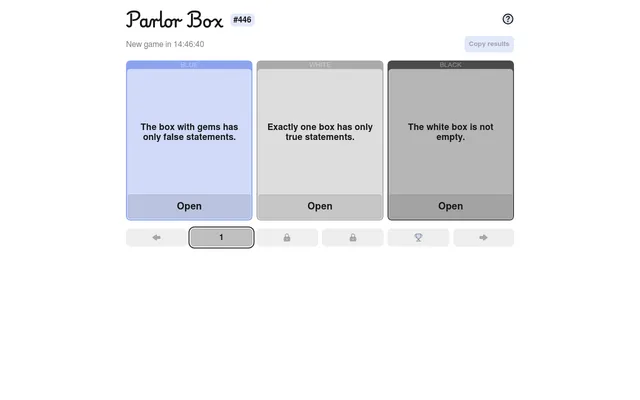 Parlor Box #446 on 21 October 2026, round 1: blue, white and black boxes with their statements and Open buttons, the countdown to the next game and the locked later rounds