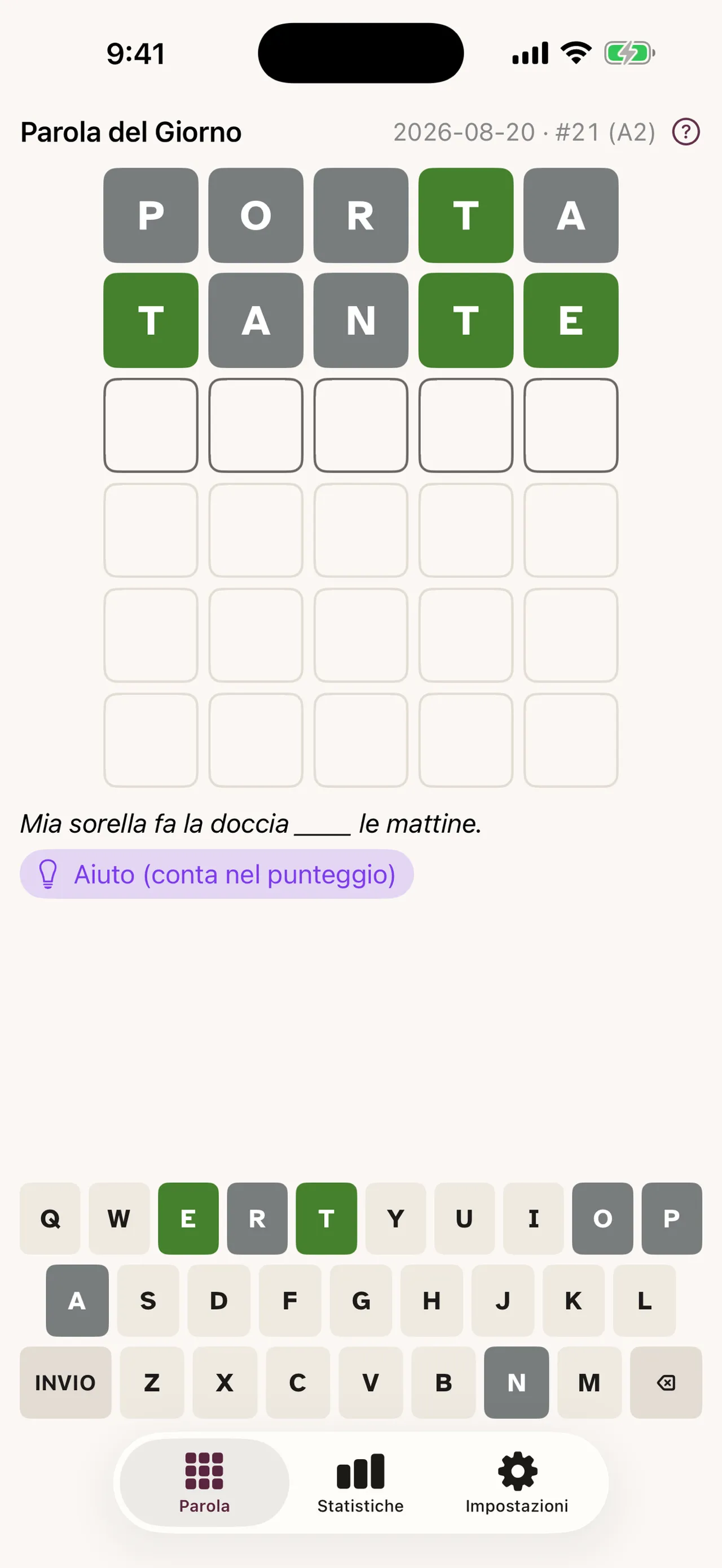 Paroletta's Parola del Giorno #21: guesses PORTA and TANTE with green and grey tiles, an Italian example sentence with a gap and the keyboard