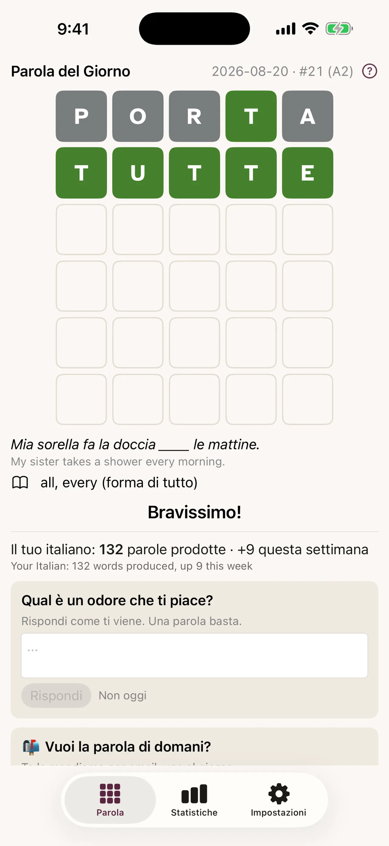 A solved Paroletta word, TUTTE, with its English meaning, the learner's word count and the question of the day