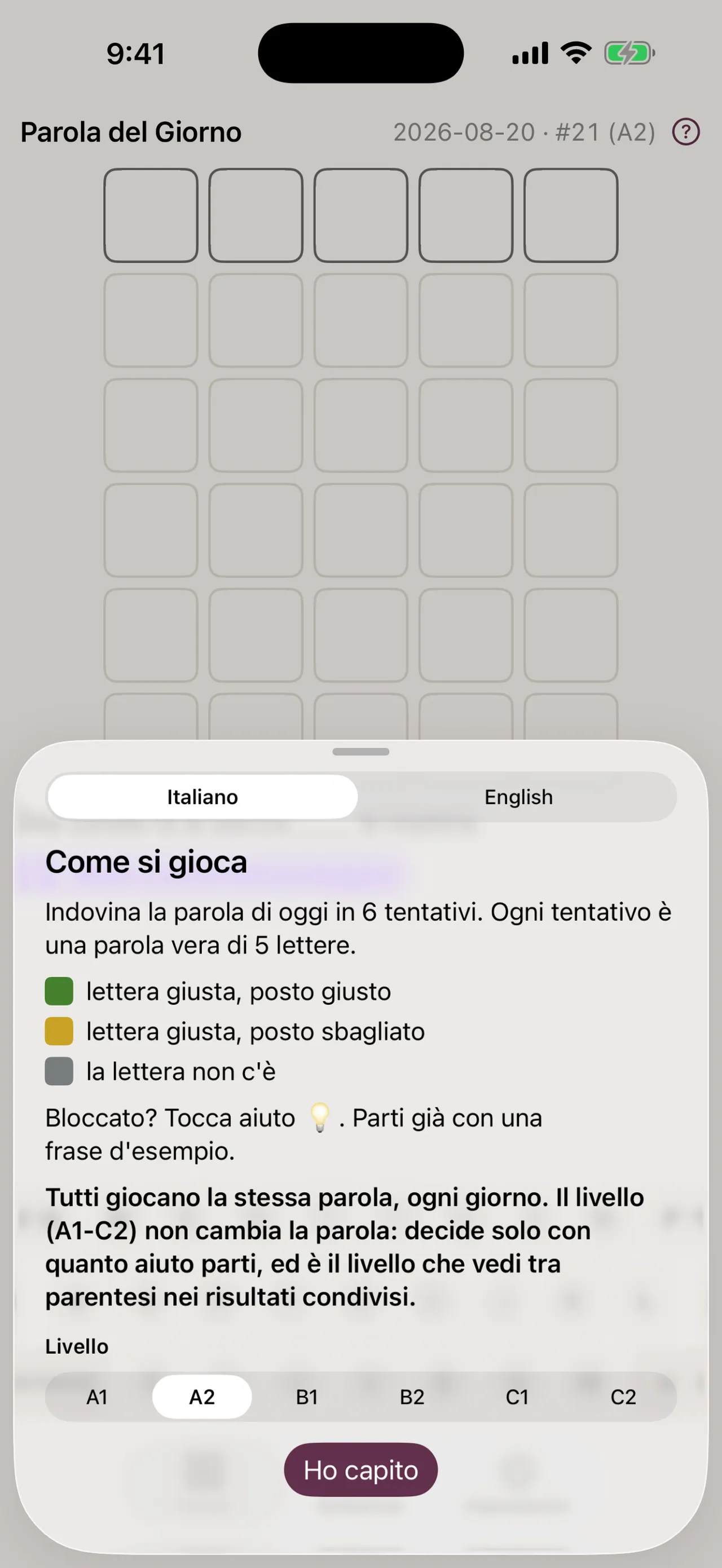 Paroletta's how to play panel in Italian with colour key and the level picker from A1 to C2