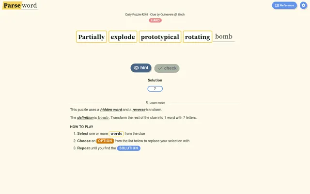 Parseword Daily Puzzle #249, rated hard: the clue Partially explode prototypical rotating bomb as word tiles, with bomb underlined as the definition, hint and check buttons and a 7-letter solution box
