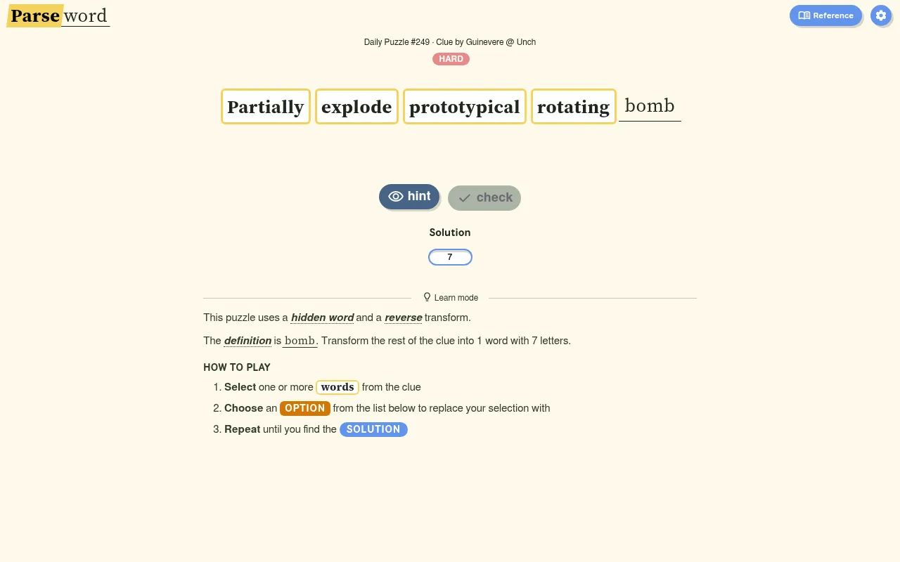 Parseword Daily Puzzle #249, rated hard: the clue Partially explode prototypical rotating bomb as word tiles, with bomb underlined as the definition, hint and check buttons and a 7-letter solution box