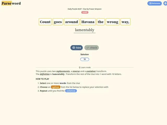 A Parseword daily puzzle: the clue's words as tiles above the underlined definition, with hint and check buttons and learn mode notes