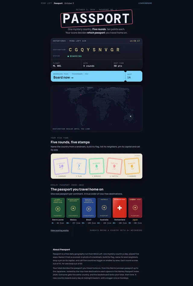 Passport on Mind Loft for October 3, 2026: a departures board with a scrambled destination, a Board now boarding pass, a dotted world map, the five visa stamps Landmark, Flag, Borders, Capital and Num