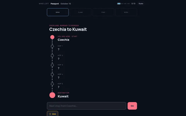 Passport's Span leg on October 16, 2026: a route from Czechia to Kuwait with five empty hops, under tabs for the four legs Span, Flank, Ping and Sizes
