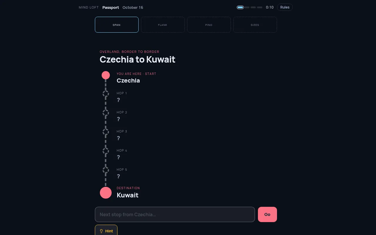 Passport's Span leg on October 16, 2026: a route from Czechia to Kuwait with five empty hops, under tabs for the four legs Span, Flank, Ping and Sizes