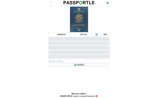 Passportle on desktop: today's dark blue passport cover with a gold coat of arms, words blurred, after one guess showing 1541 km, an arrow east and 92%