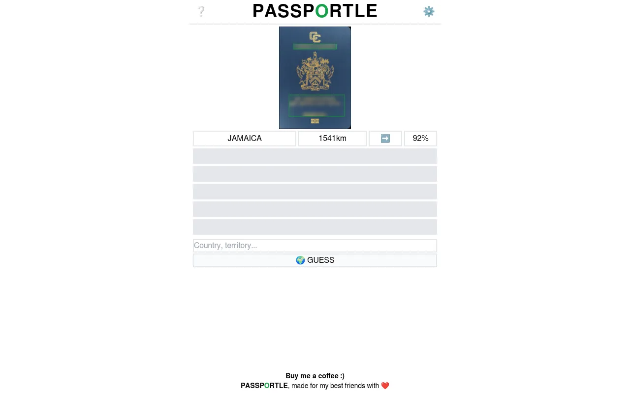 Passportle on desktop: today's dark blue passport cover with a gold coat of arms, words blurred, after one guess showing 1541 km, an arrow east and 92%