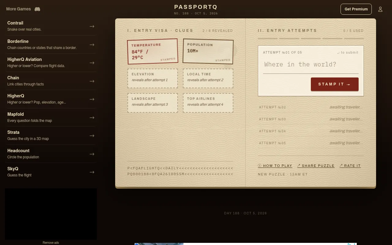 PassportQ No. 188, Oct 5, 2026: a passport page with stamped clues 84°F / 29°C and population 10M+, four locked clues and an entry box asking Where in the world?