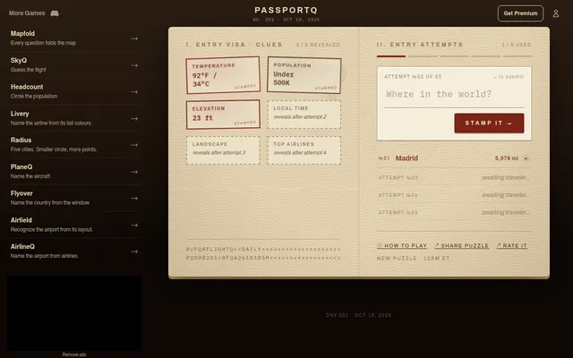 PassportQ No. 201, Oct 18, 2026, after one guess: Madrid is 5,978 mi away, and the temperature, population and elevation stamps are revealed on the passport page