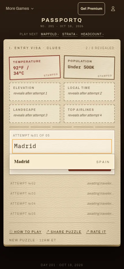 PassportQ at phone size: the clue stamps above the attempt box, with Madrid, Spain suggested as the first guess