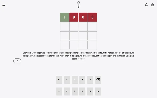 Past Puzzle on the web: a first guess of 1900 with the 1 in green and 9, 0, 0 in red, and the second clue about Eadweard Muybridge's horse photographs above the number pad