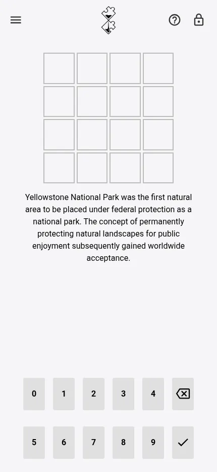 Past Puzzle at phone size: the empty four-by-four grid, the first clue about Yellowstone National Park and the number pad