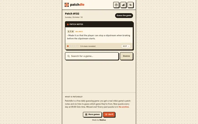 Patchdle Patch #132 for Sunday, October 18 on a desktop: a 1.7.0 balance note about stopping a slipstream when braking, 1 of 6 clues revealed, and a box to search for a game