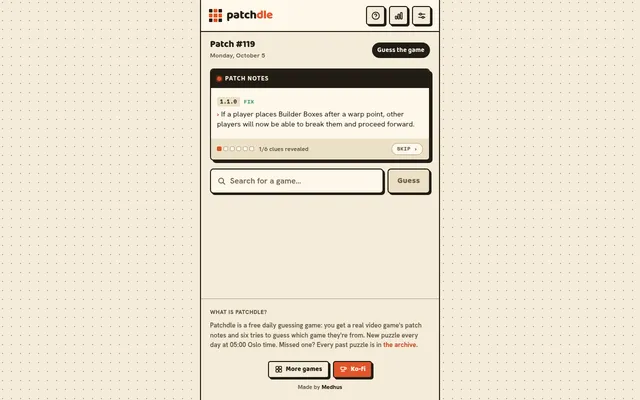 Patchdle Patch #119 for Monday, October 5: a patch notes card with a 1.1.0 fix about Builder Boxes after a warp point, 1 of 6 clues revealed, and a box to search for a game