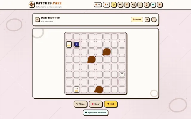 Patches.cafe Daily Brew #38: an 8 by 8 board with clues of 12 and hidden question-mark clues, coffee stains covering some cells, and Undo, Clear and Hint buttons