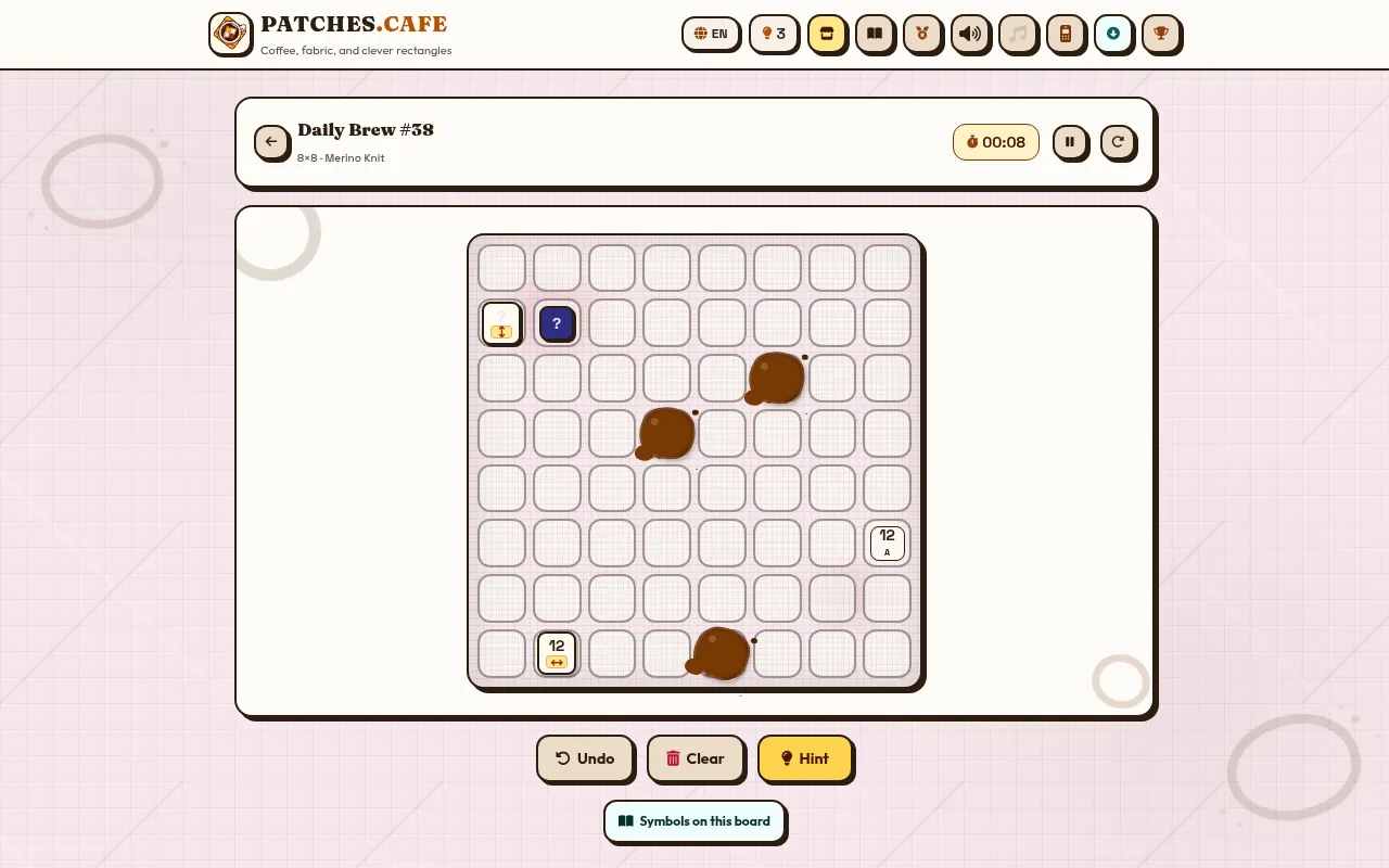 Patches.cafe Daily Brew #38: an 8 by 8 board with clues of 12 and hidden question-mark clues, coffee stains covering some cells, and Undo, Clear and Hint buttons