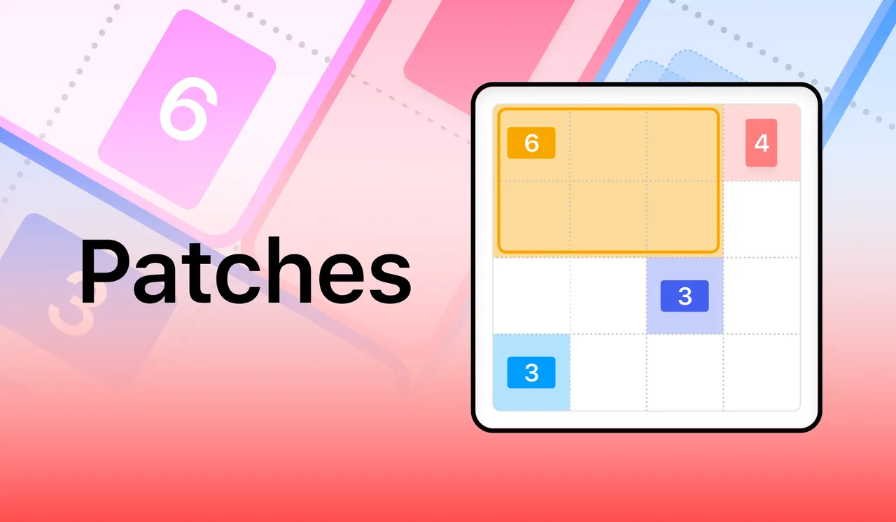 Patches game card from Coolmath Games: a small Patches board with numbered clues 6, 4, 3 and 3, and a 6-cell rectangle drawn out in orange