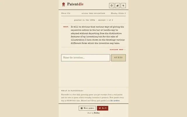Patentdle Patent #54 for Monday, October 5: granted in the 1890s, excerpt 1 of 6 from the description about giving expansive action to a bar or handle, with a box to name the invention