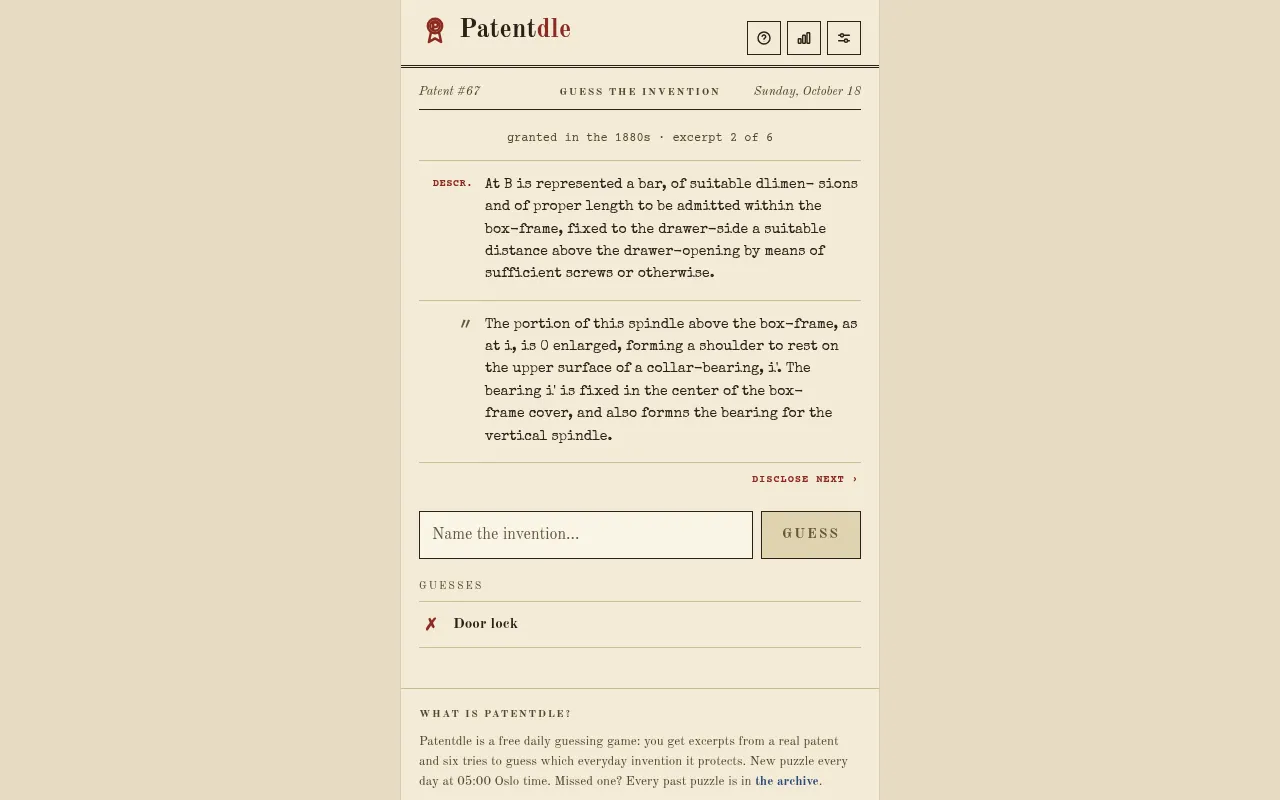 Patentdle Patent #67 after one wrong guess, Door lock, marked with a cross: a second excerpt about a spindle and collar-bearing is now shown