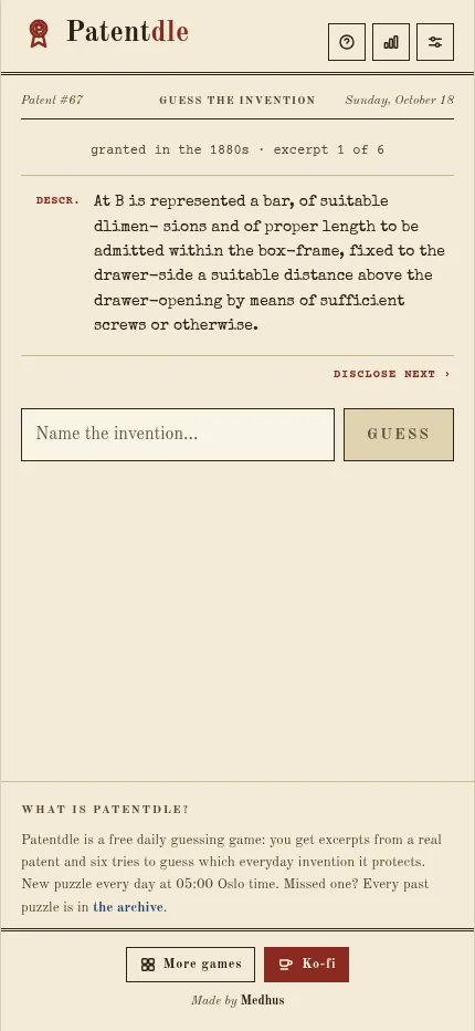 Patentdle on a phone: Patent #67 for October 18, the first excerpt from the 1880s patent and the guess box