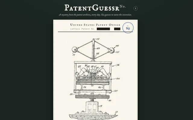 PatentGuessr case No. 90 on desktop: a US Patent Office sheet with the number blacked out and a drawing of a tall machine on a base, today's board