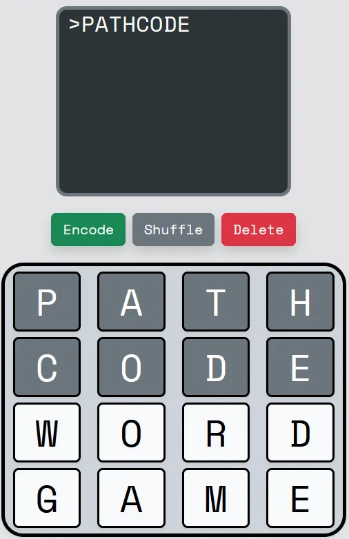 PathCode title screen: the encoder display reading PATHCODE above Encode, Shuffle and Delete buttons and a panel spelling PATH CODE WORD GAME