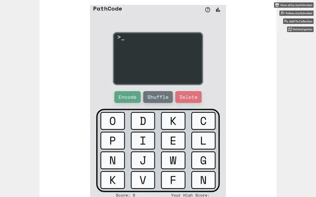 Today's PathCode board on itch.io: an empty encoder screen above Encode, Shuffle and Delete buttons and a four by four panel of letters