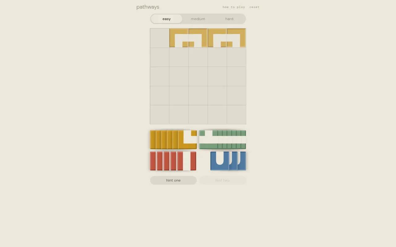 Today's easy Pathways board: a five by five grid with four yellow tiles placed along the top row and stacks of yellow, green, red and blue tiles below