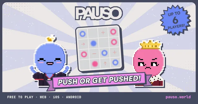 PAUSO share card: a four by four board of blue and pink rings with arrow, plus and minus squares, between the game's two pixel-art characters
