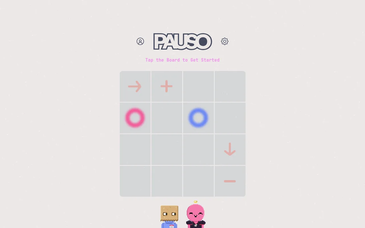 The day's PAUSO board in the browser: a four by four grid with one pink and one blue ring and arrow, plus and minus squares