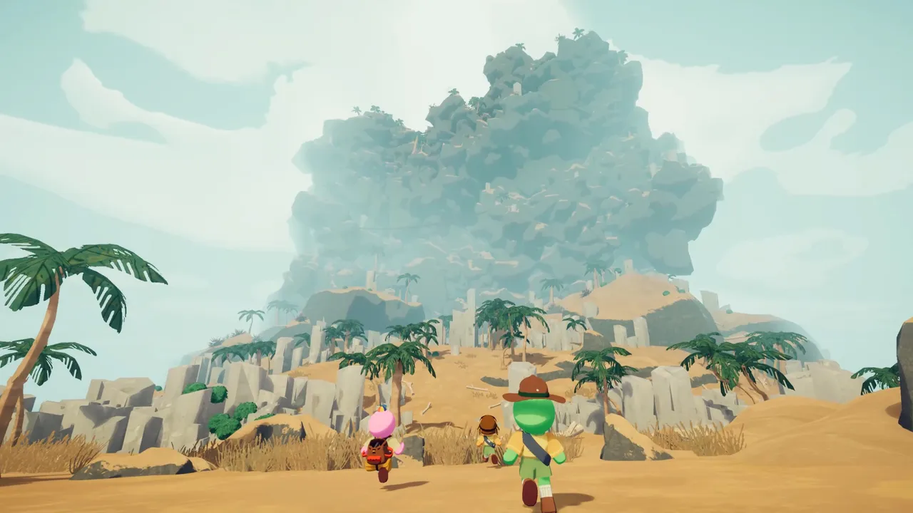 PEAK gameplay: scouts walk across a sandy beach with palm trees toward the island's mountain