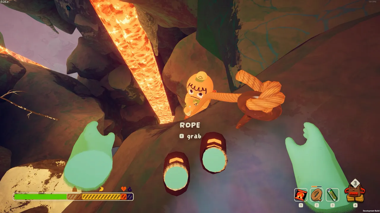 PEAK: first-person view of a scout's hands grabbing a rope on a rock face, with the stamina bar at the bottom