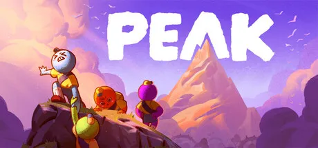 PEAK key art: four cartoon scouts on a rocky ledge looking toward a mountain under a purple sky, with the PEAK logo