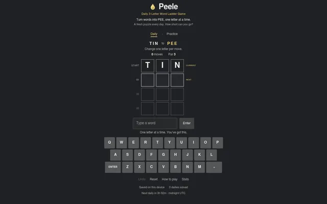 The Peele daily board for 27 October 2026: start word TIN to PEE, par 3, with three empty rungs and an on-screen keyboard