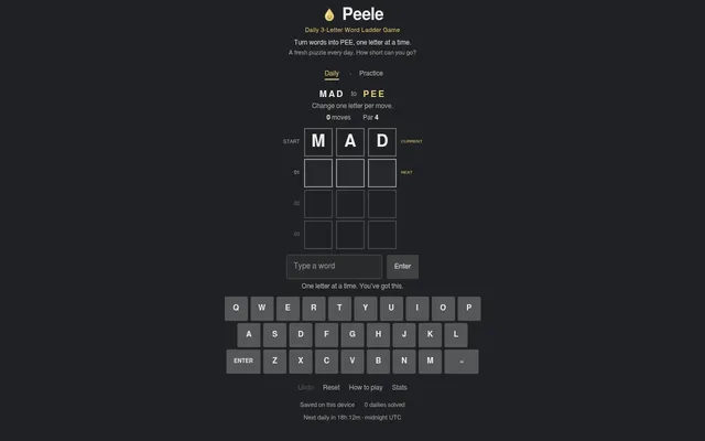The Peele daily board: start word MAD to PEE, par 4, with empty rungs and an on-screen keyboard