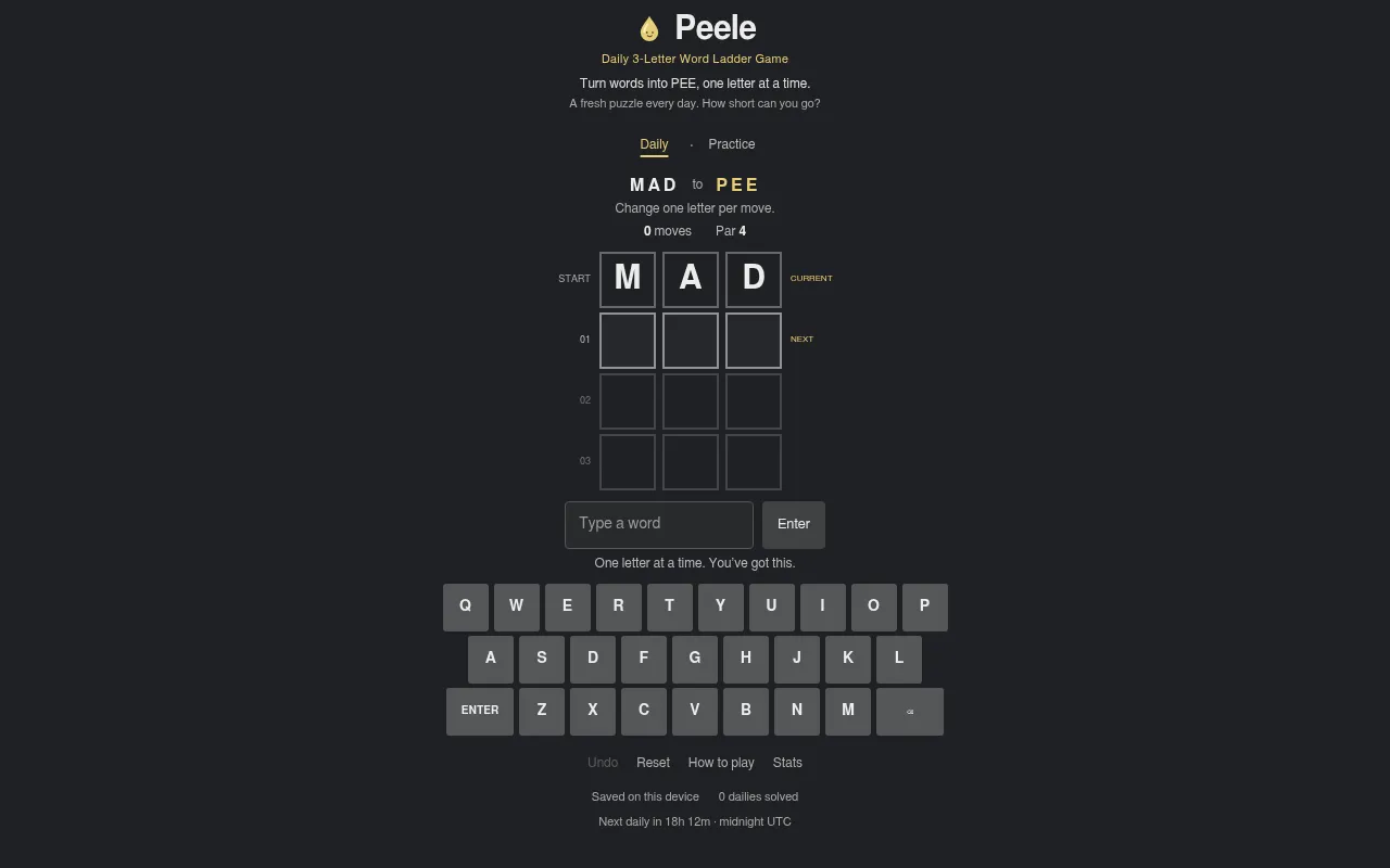 The Peele daily board: start word MAD to PEE, par 4, with empty rungs and an on-screen keyboard