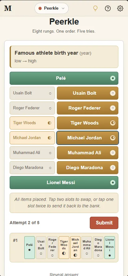 Peerkle on a phone: the eight-rung ladder for famous athlete birth years, Pelé to Lionel Messi, with position dots on each slot at attempt 2 of 5