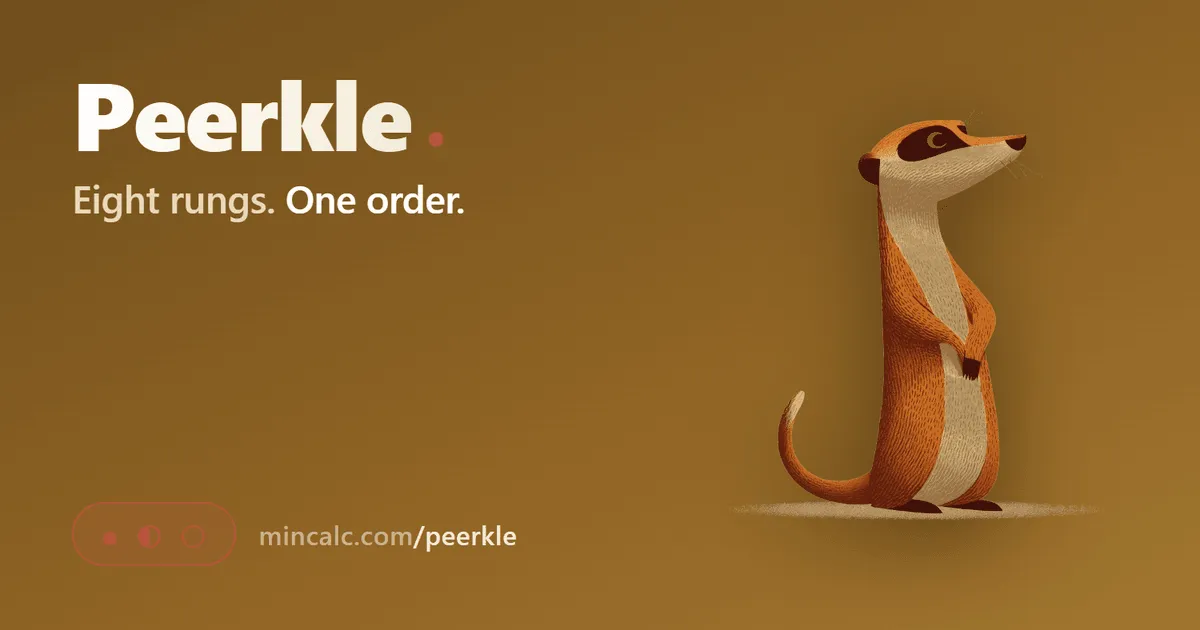Peerkle's share art: the Peerkle name, the line Eight rungs. One order. and a meerkat, with the three feedback dots